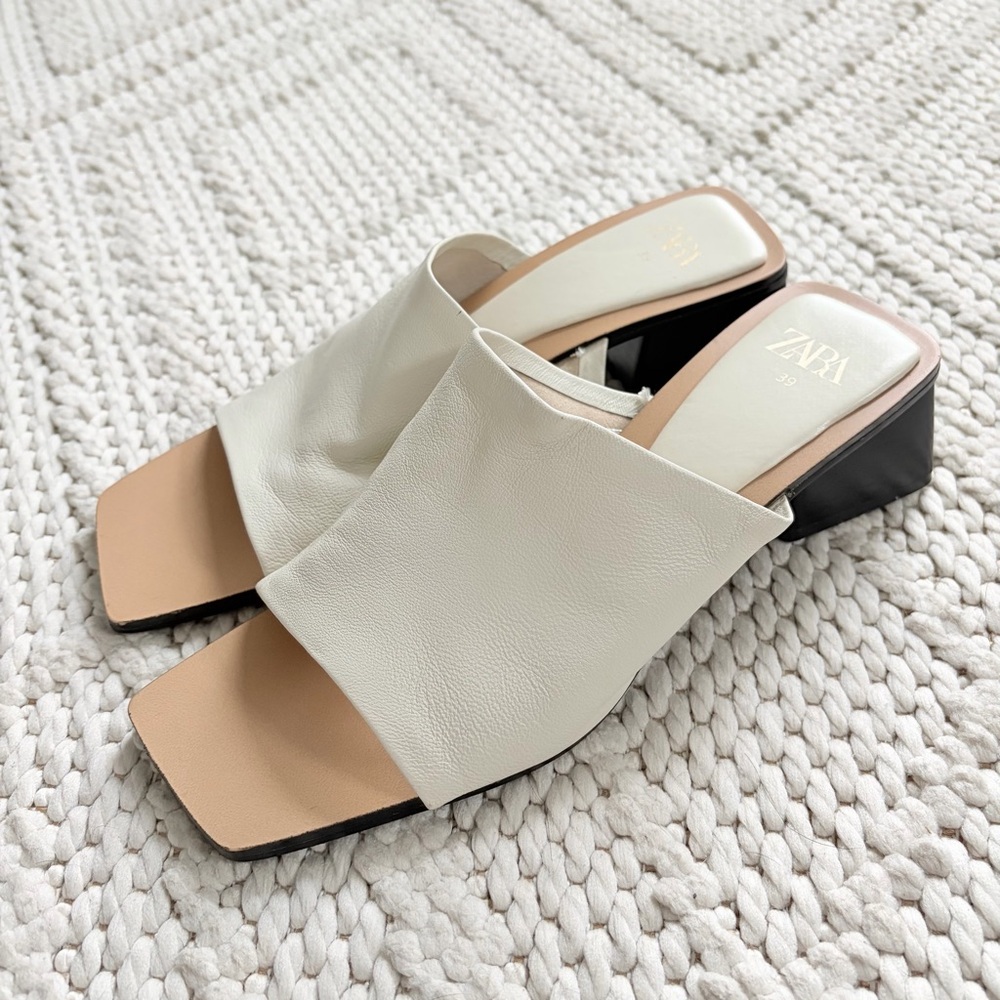 ZARA Cream Ivory White Leather Block Heel Sandals Womens 39 9 EUC